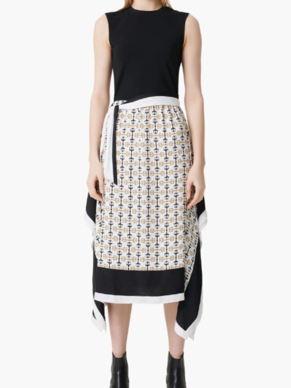 Maje Rosy Scarf Print Midi Dress Black and White Size 36